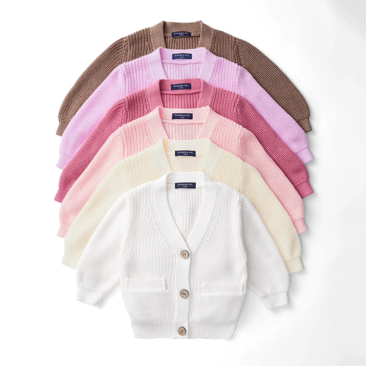 Knit cardigan set in mocha, pink, and cream, each with V-neck button front