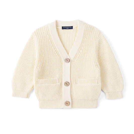 Cream knit cardigan with V-neck, button front, and two front pockets
