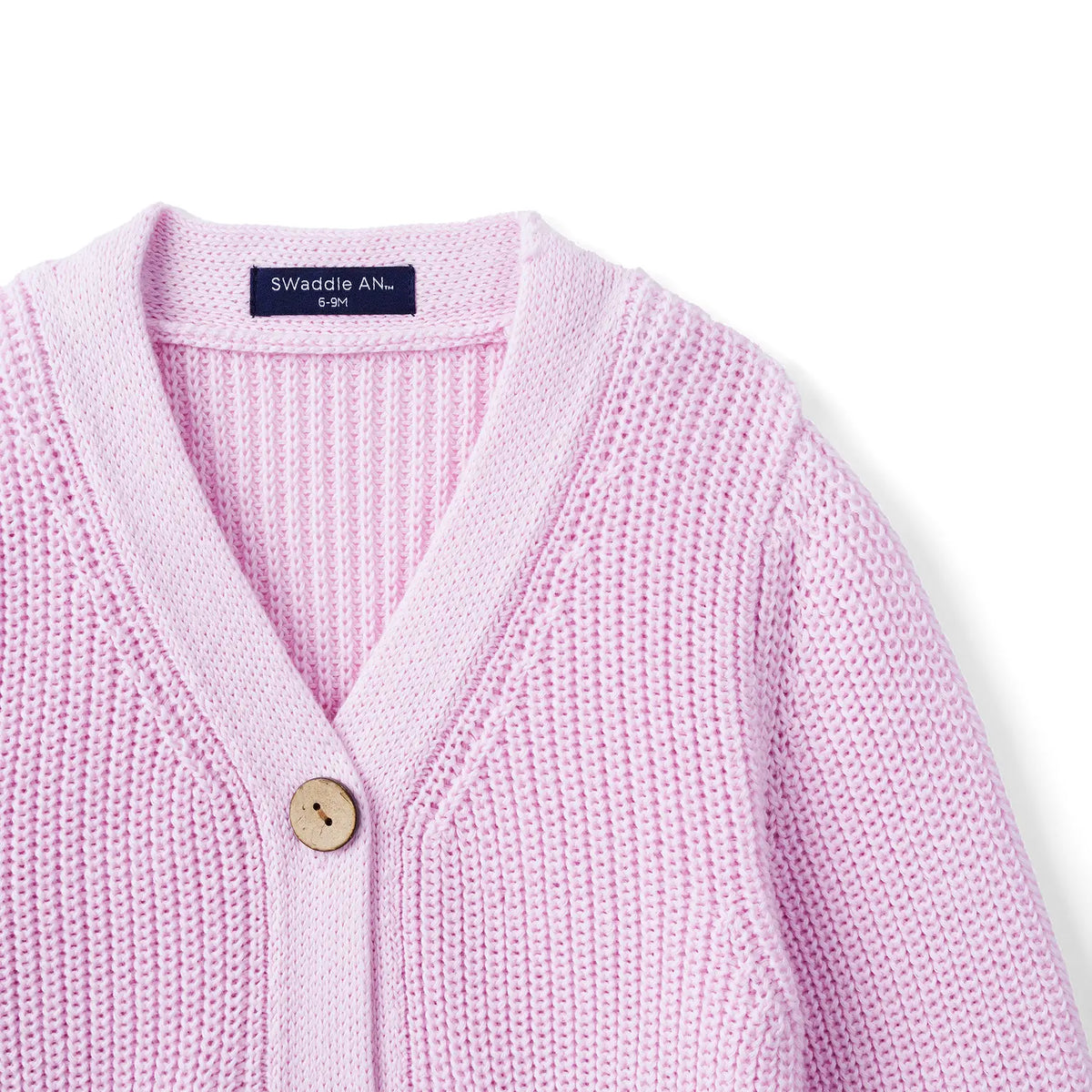 Lilac knit cardigan with V-neck and button front, close-up view