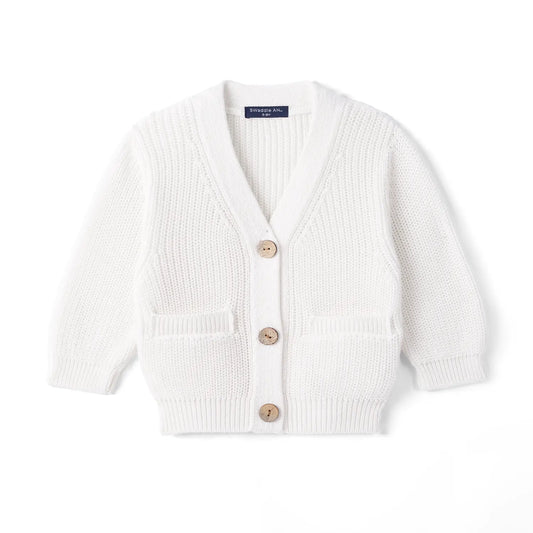 White knit cardigan with V-neck, button front, and two front patch pockets.