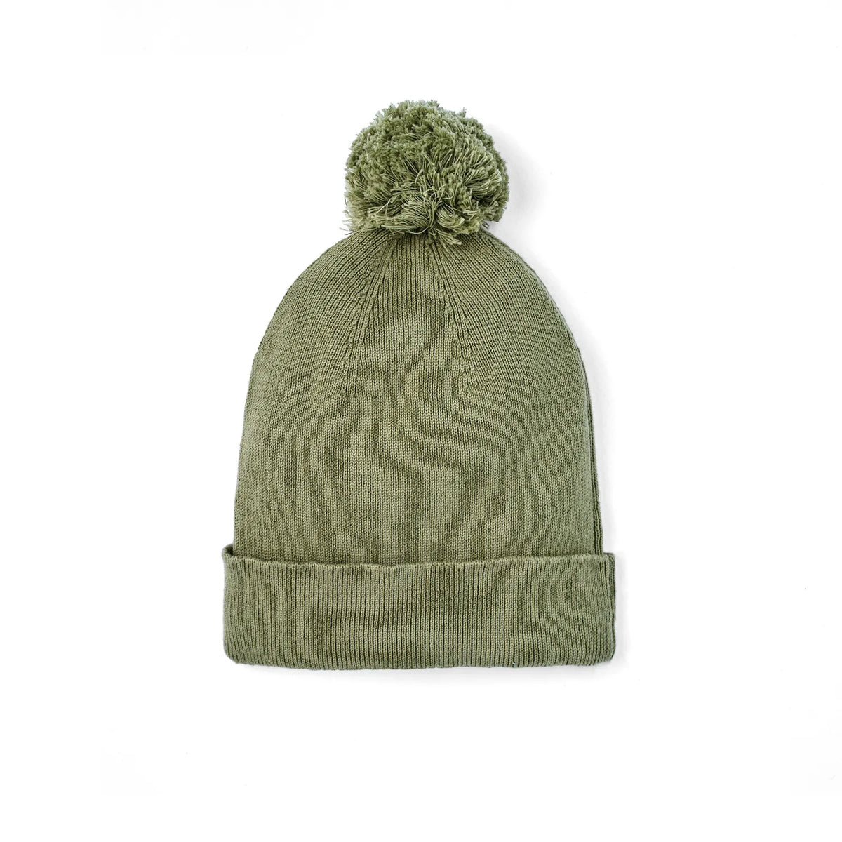 Sage green knit baby beanie with ribbed brim and top pom-pom.