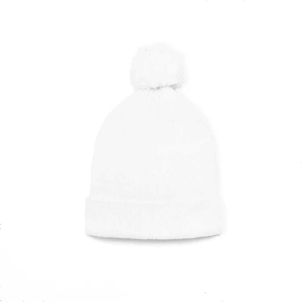White knit baby beanie with a pom-pom on top