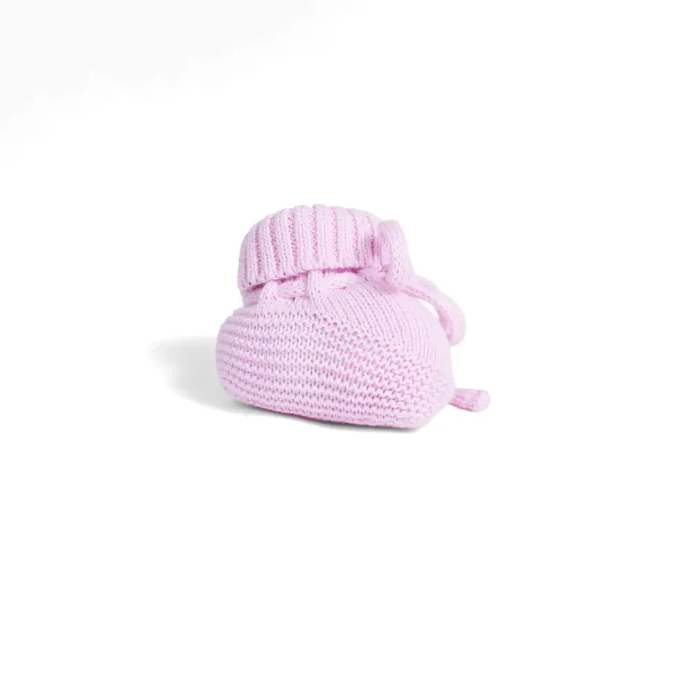 Lilac knitted baby bootie with ribbed strap cuff and small tie detail