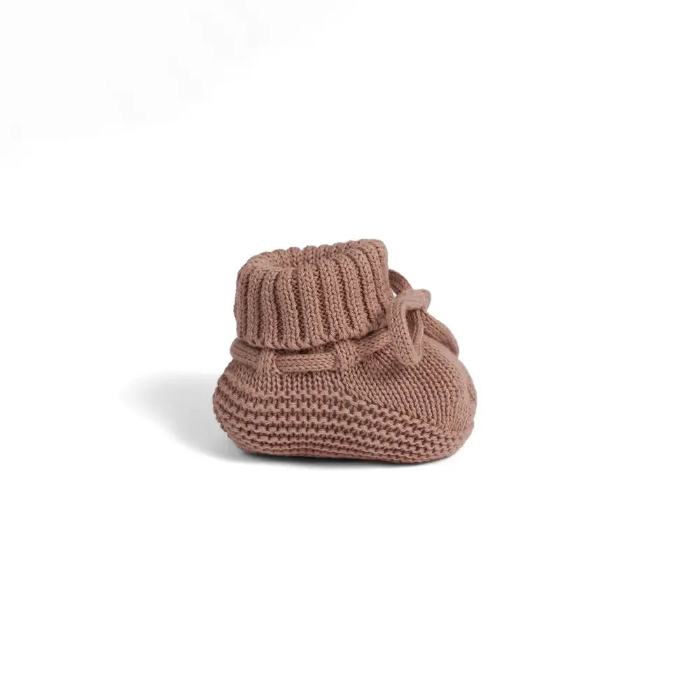 Mocha knitted baby bootie with ribbed cuff and tied lace closure