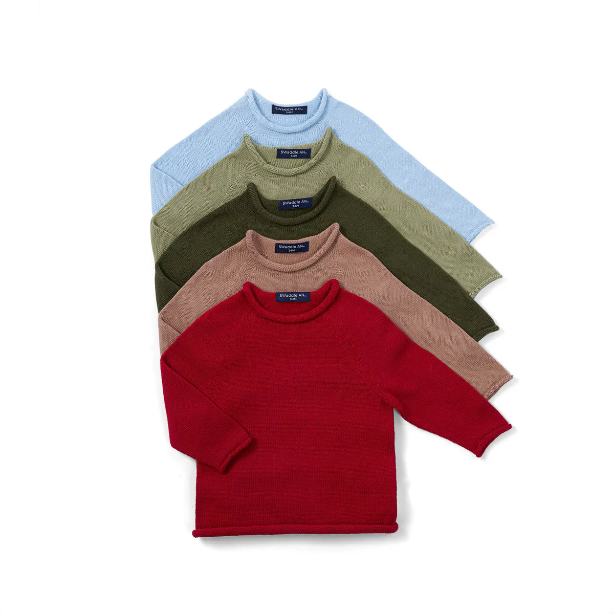 Knit rollneck baby sweaters in mixed colors, including sage green