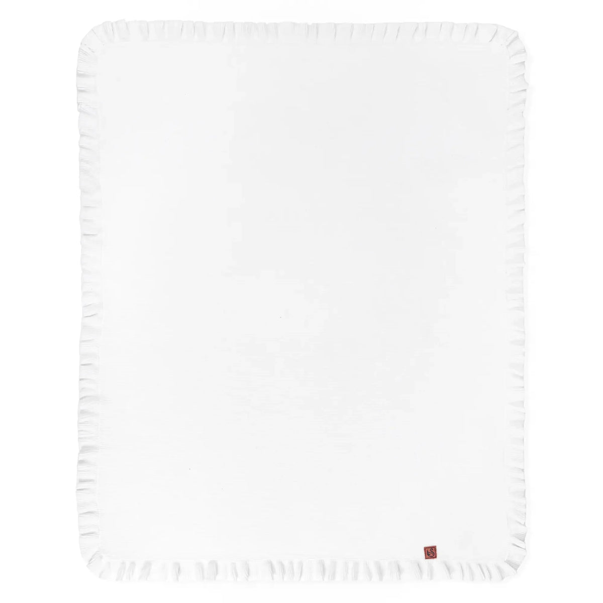 White knit baby blanket with ruffled edges and smooth center panel
