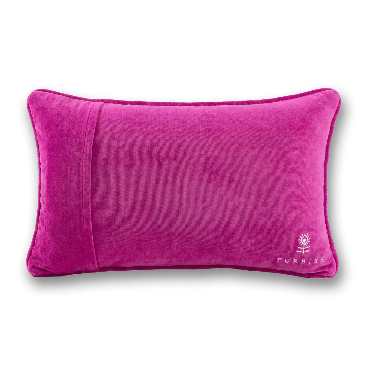 Purple velvet lumbar pillow with 'FURBISH' logo at lower right