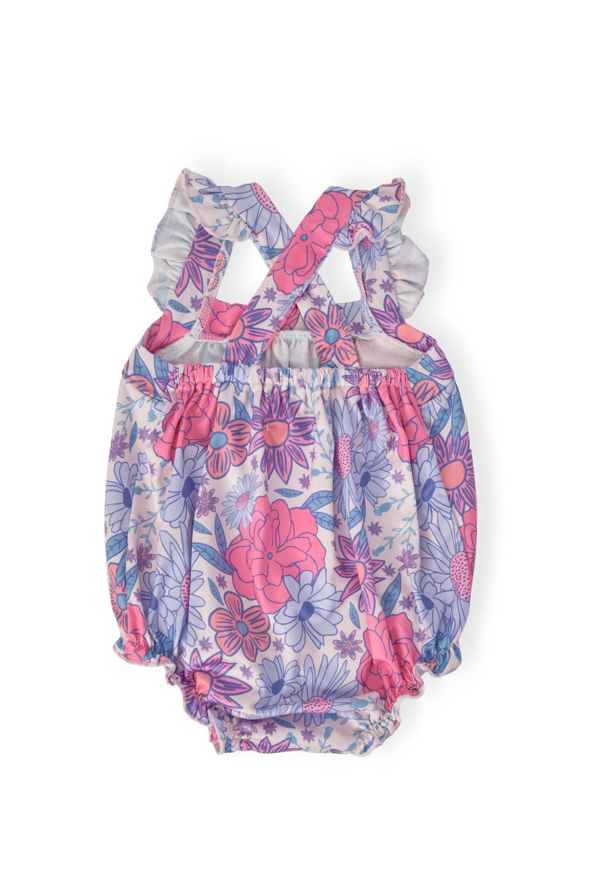 Pastel floral ruffle romper with cross-back straps and gathered waist front