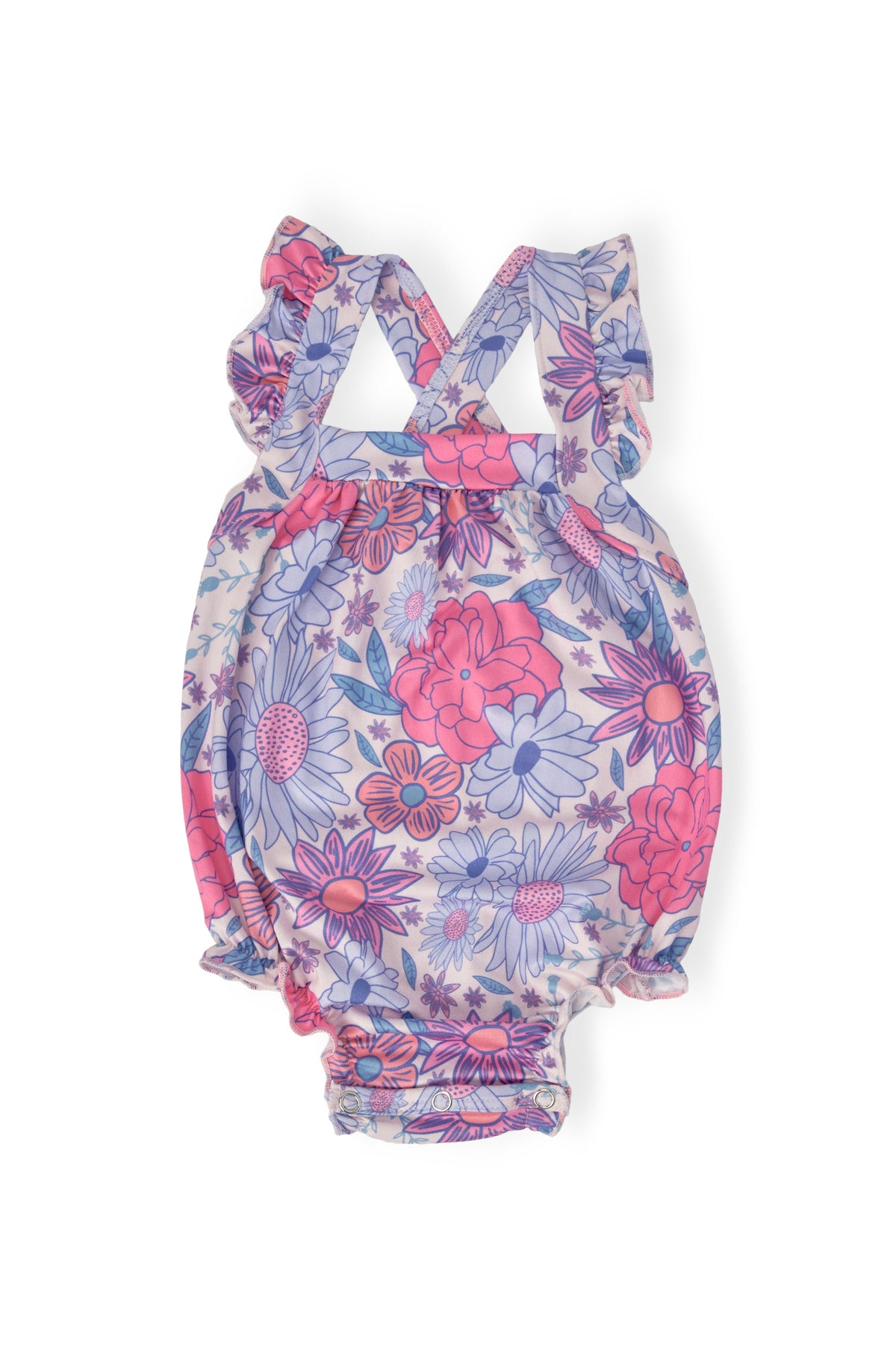 Pastel floral ruffle cross-back romper with long flutter sleeves and bubble shorts