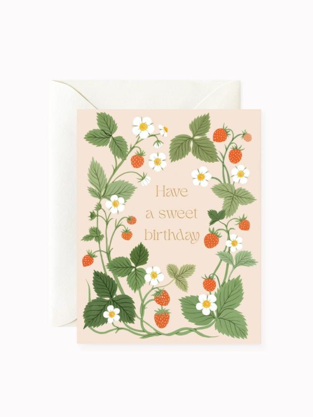 Birthday card front with strawberry vines, daisy flowers, and 'Have a sweet birthday'.