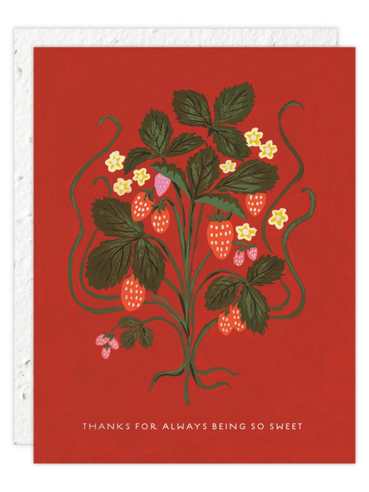 Seeded thank you card with red strawberry floral design and thank-you text