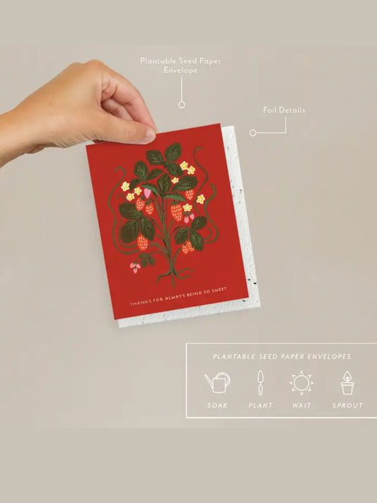 Seeded thank you card with red strawberry bouquet, with plantable seed envelope