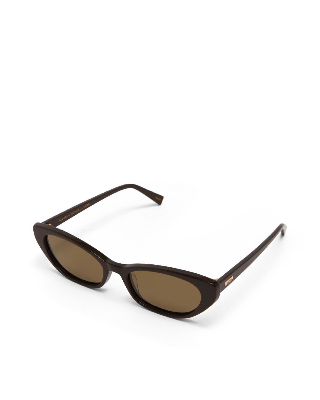Cat-eye sunglasses angled view with dark frames and brown tinted lenses