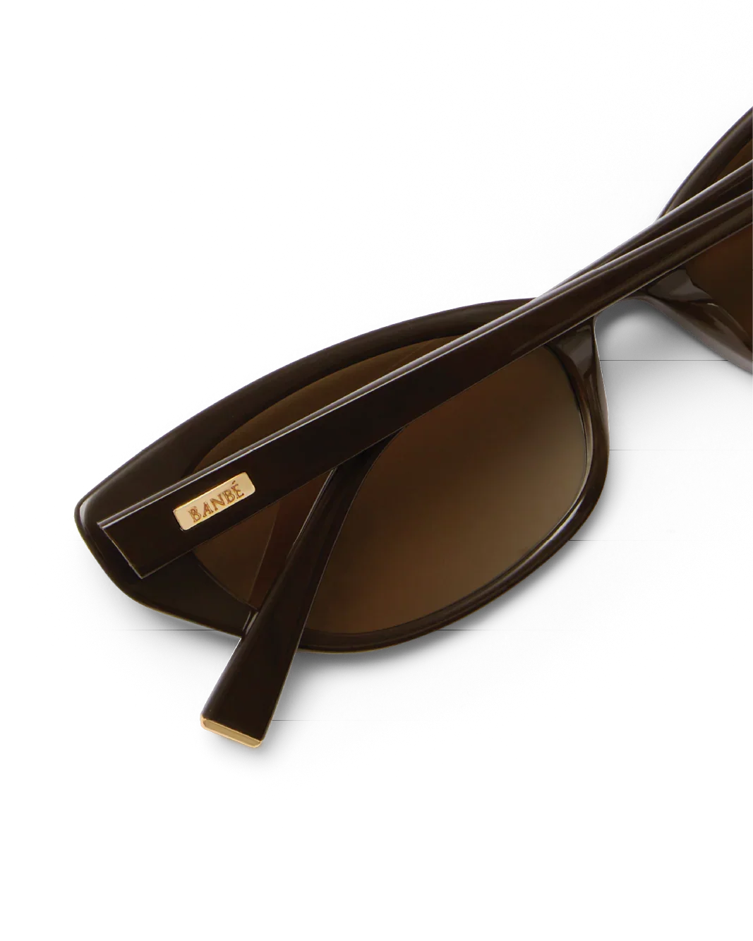 Close-up of temple and lens edge on dark brown cat-eye sunglasses