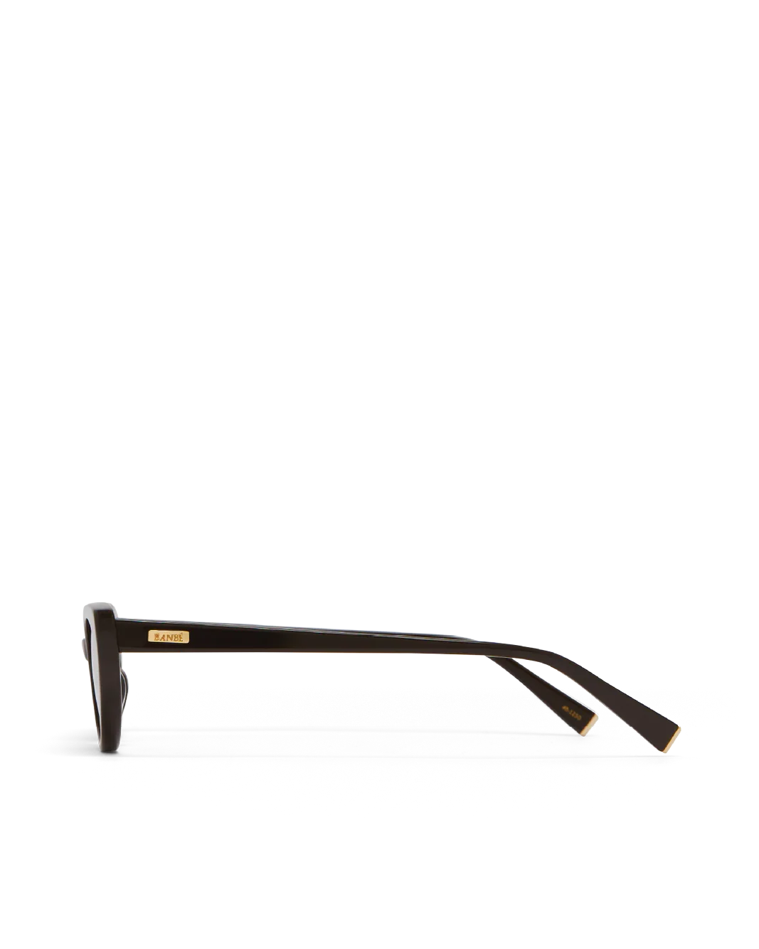 Side profile of dark brown cat-eye sunglasses with metal-tipped arms