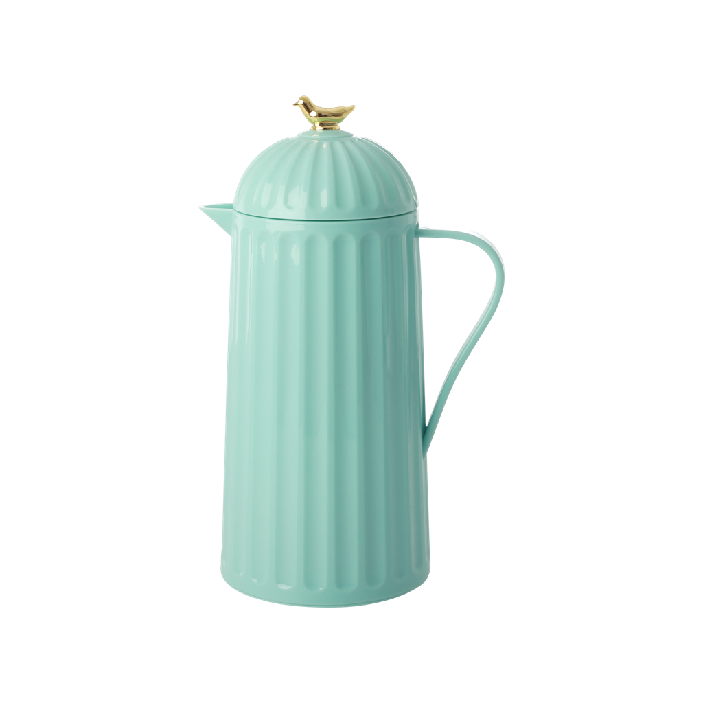 Mint green insulated thermos with lid, side handle, and gold-toned finial