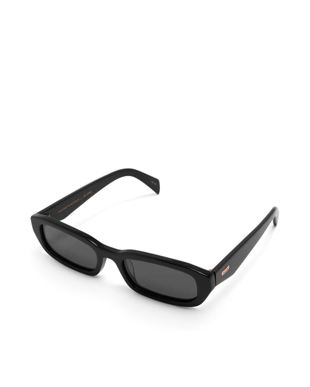 Polarized sunglasses with black frame and dark lenses, angled view
