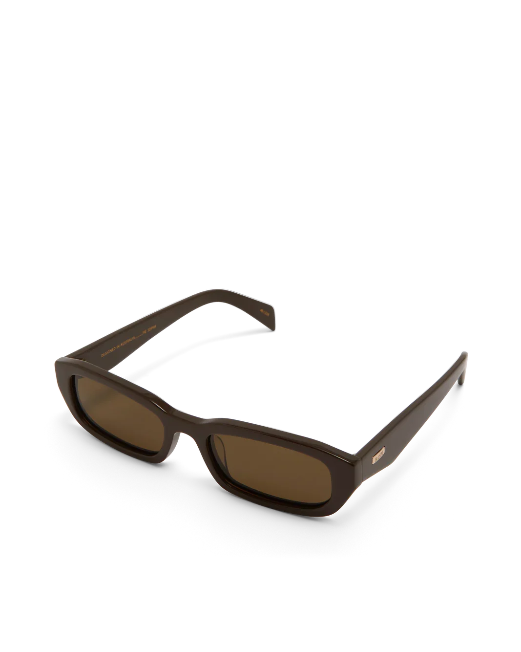 Polarized sunglasses with dark chocolate frame and brown lenses, angled view