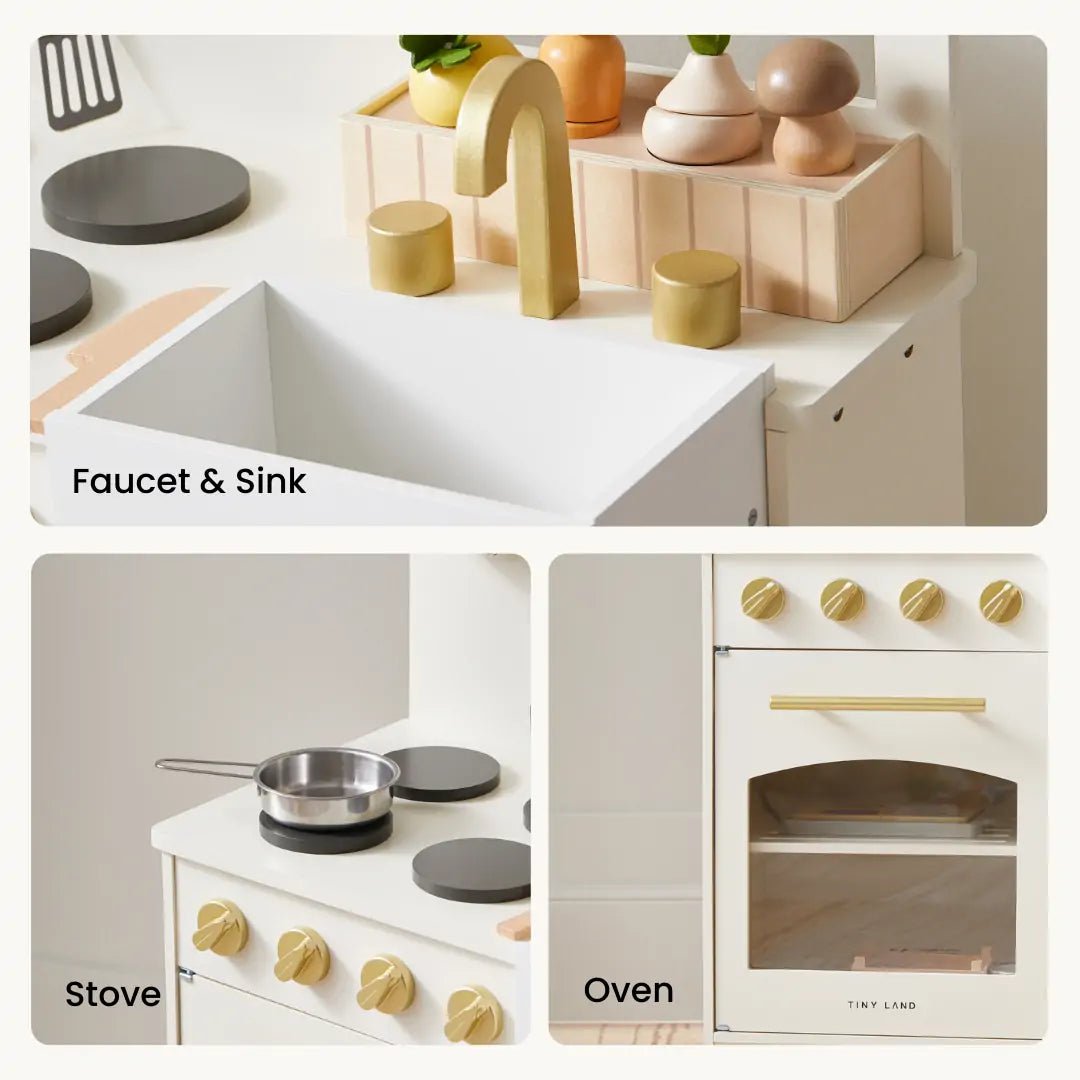 Wooden play kitchen with sink, gold faucet, stovetop, knobs and oven