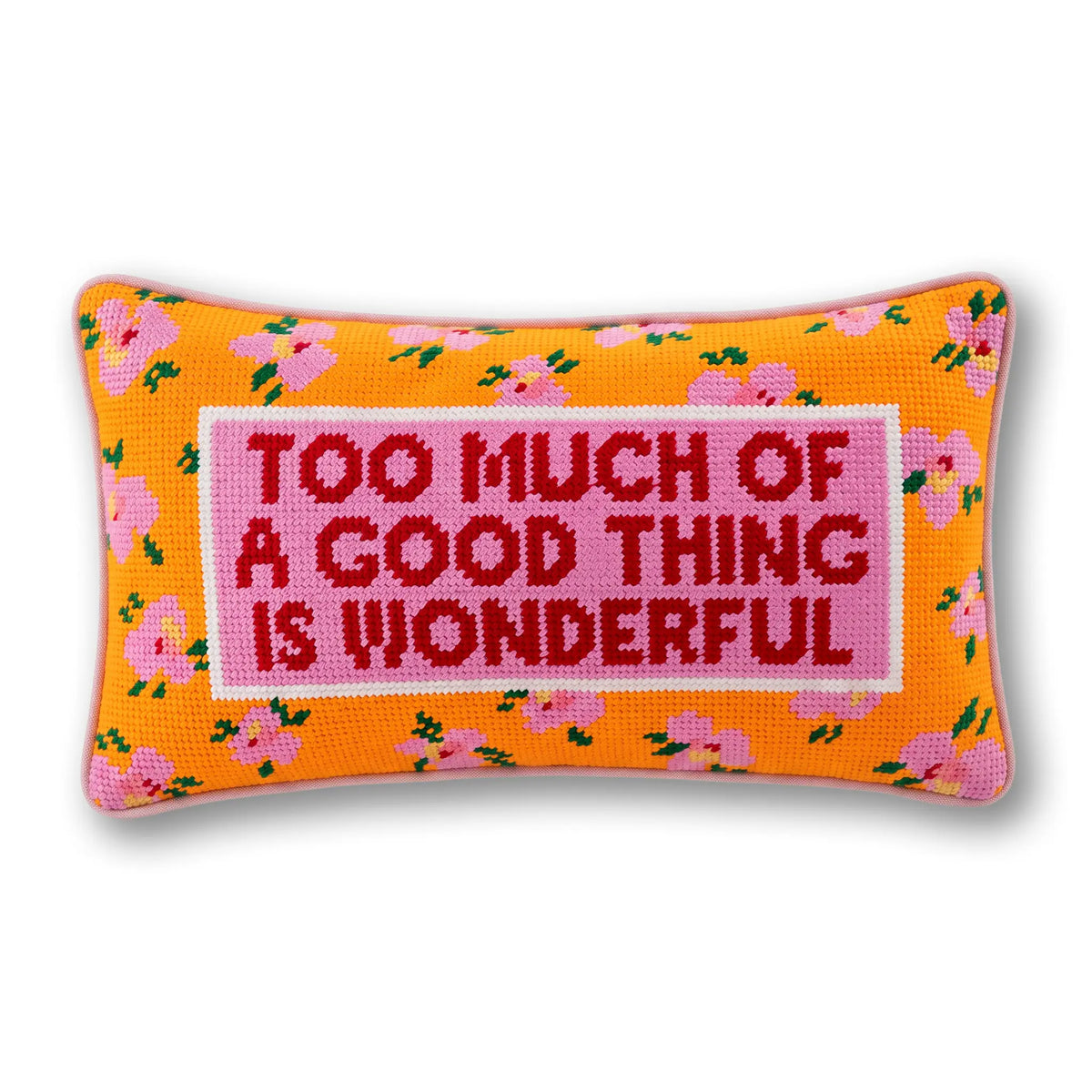 Orange needlepoint lumbar pillow with pink stitched quote, floral border and zipper edge