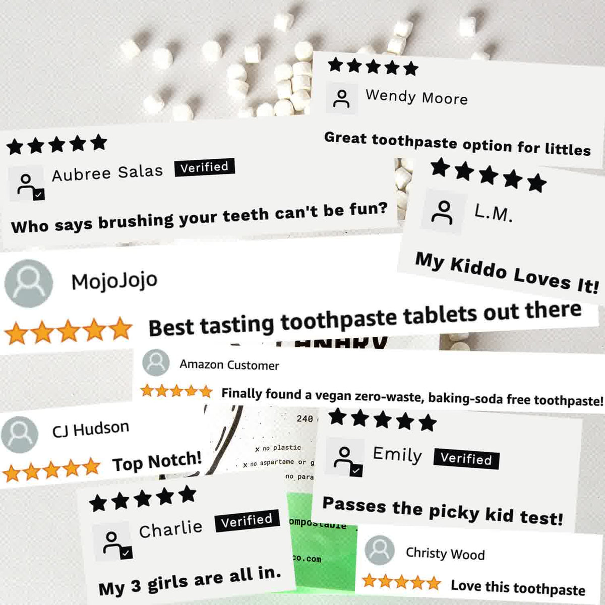 Canary toothpaste tablet customer reviews with five-star ratings
