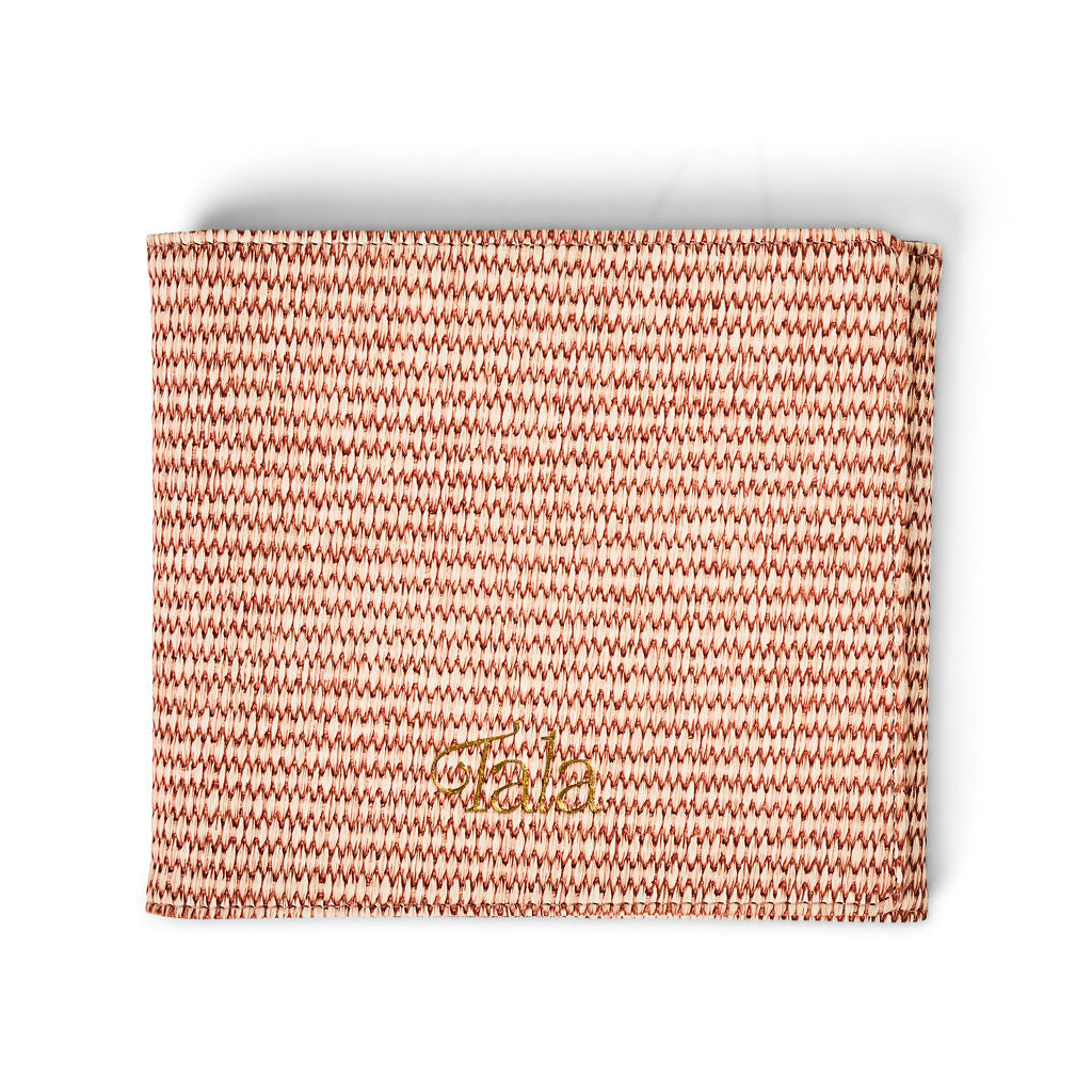 Textured orange woven card holder folio with stitched edges