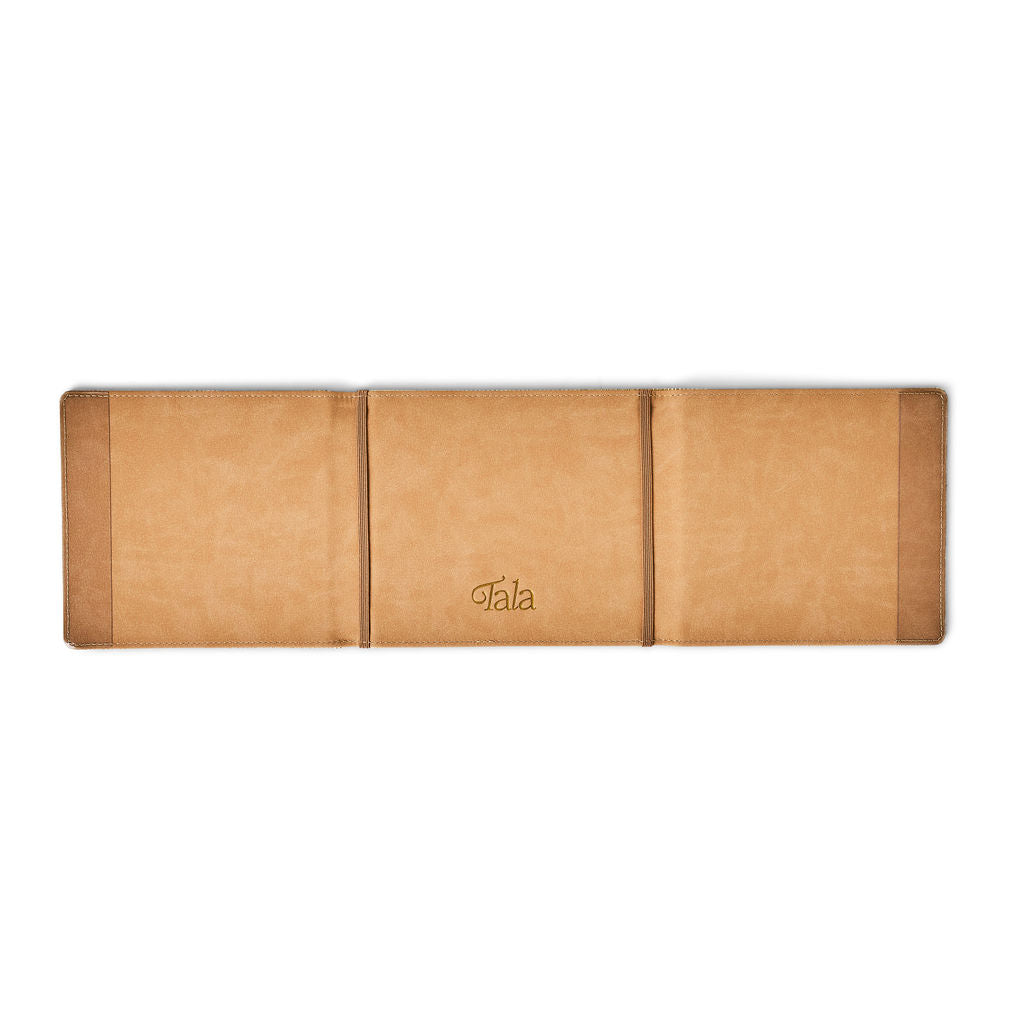 Tan card holder folio interior with three card slots and Tala logo