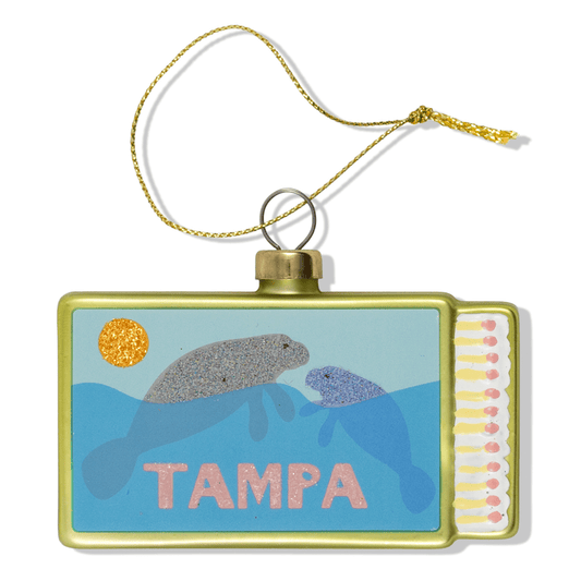 Tampa matchbook-style ornament with gold cord and keyring, rectangular blue design