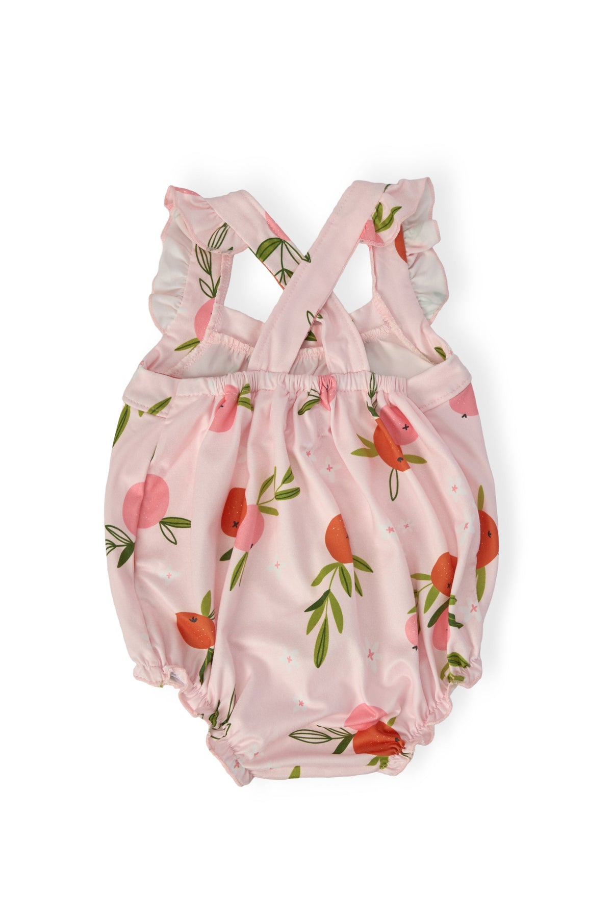 Light pink fruit-print romper with ruffle shoulder straps and gathered waist
