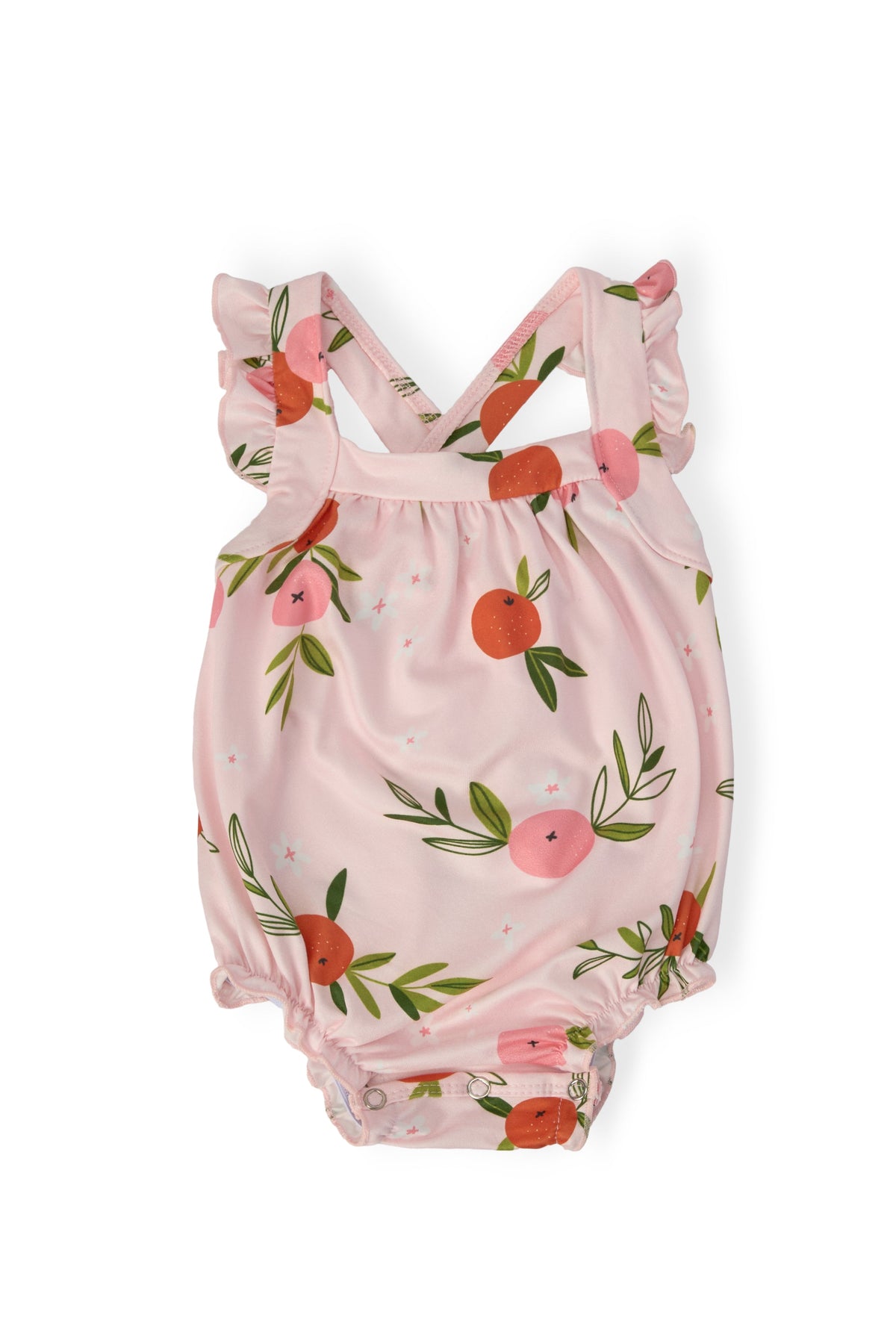 Light pink ruffle cross-back romper with fruit print and gathered bubble shorts legs