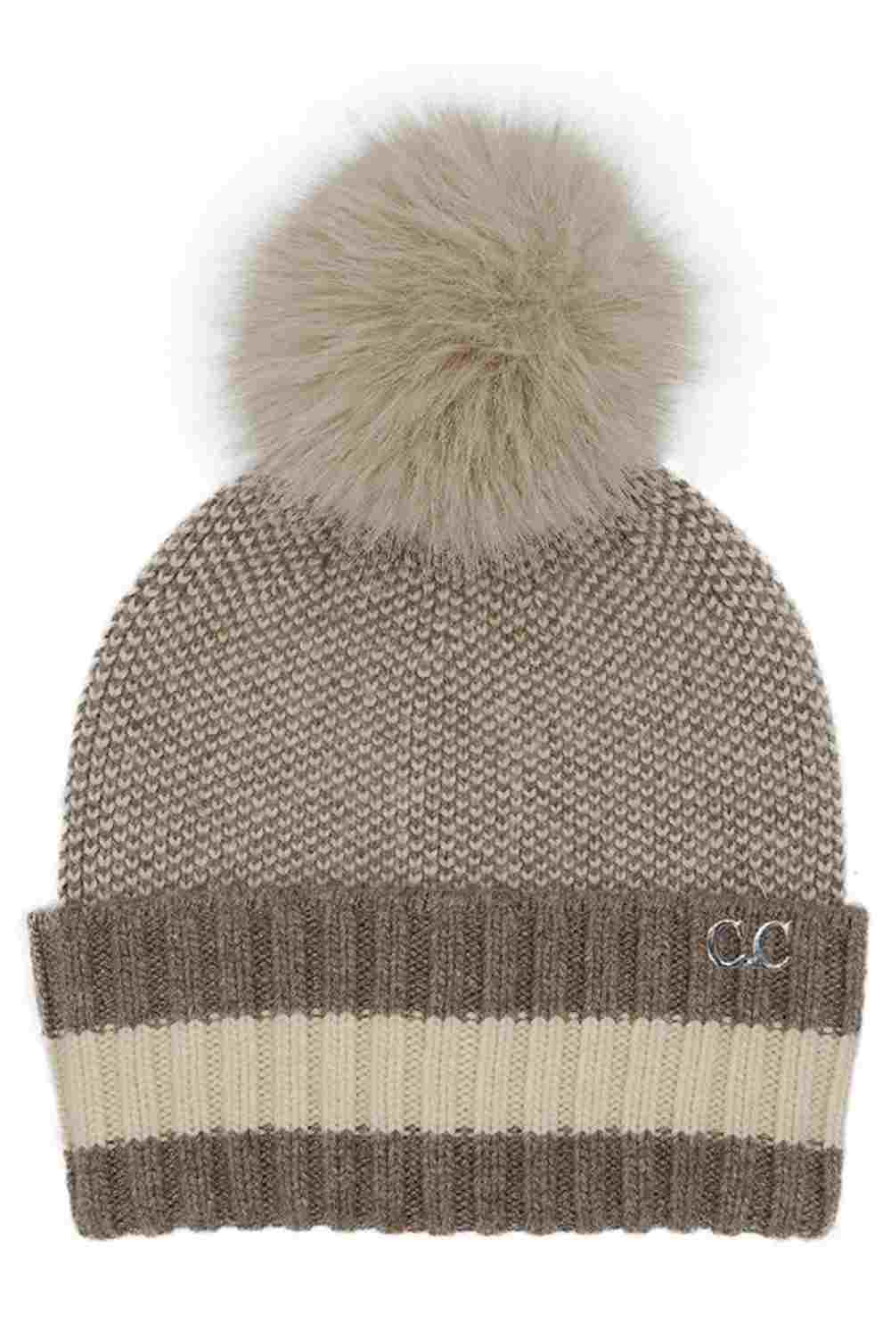 Two-tone knit beanie with pom-pom, taupe knit with light stripe cuff