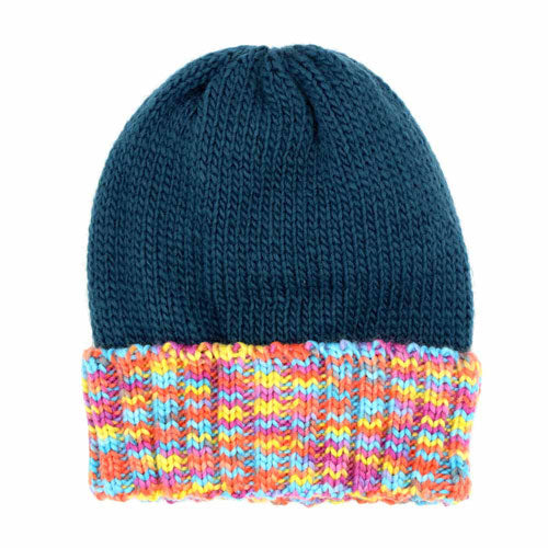 Dark blue knit fleece beanie with colorful multicolor striped band