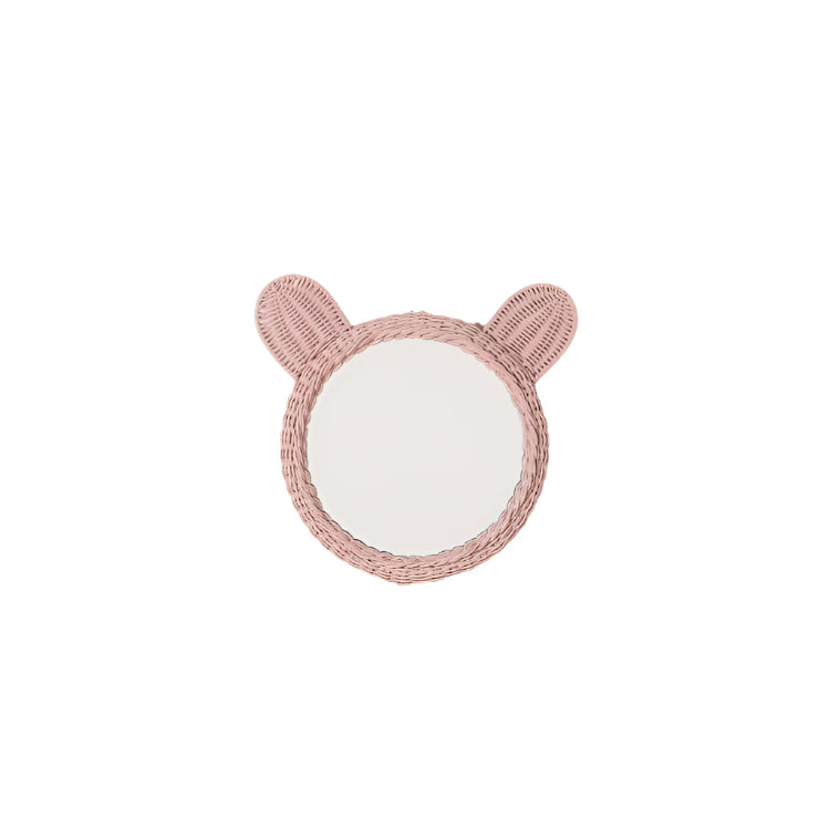 Small pink rattan teddy bear wall mirror, front view