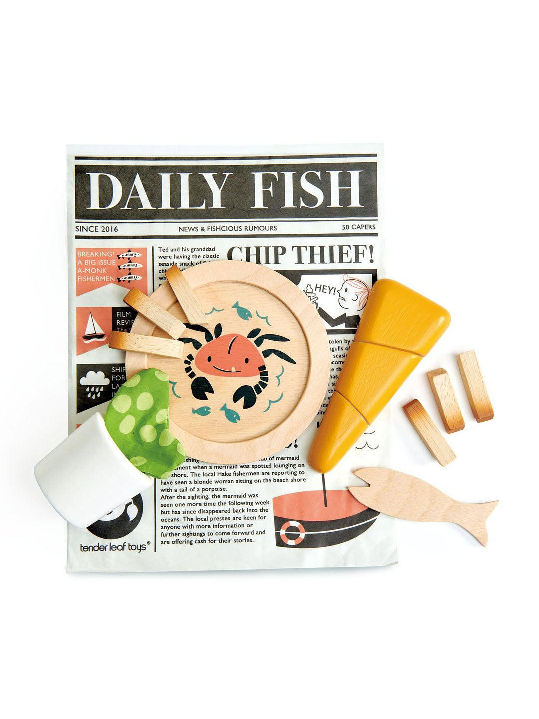 Wooden fish-and-chips play food set with 'Daily Fish' box, fish, and chips pieces