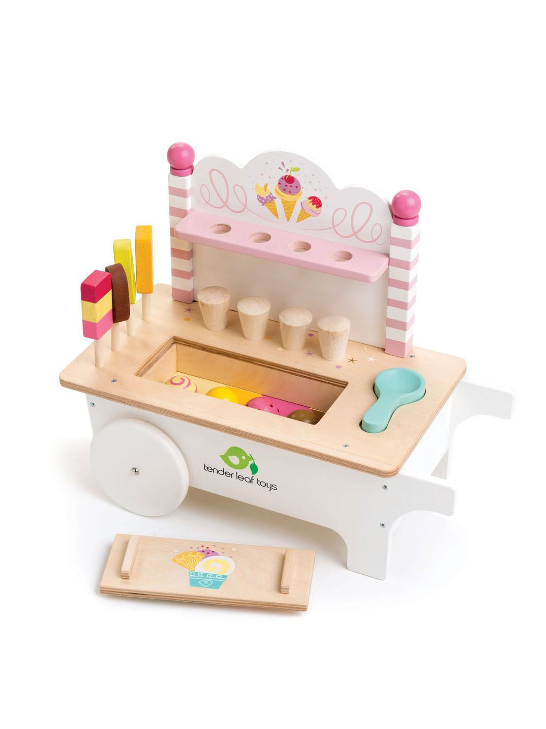 Wooden ice cream cart with pink scoop display, serving tray, and push-pull handle