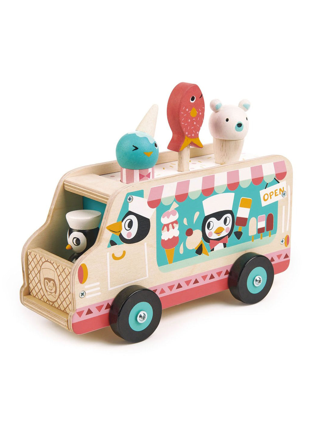 Wooden penguin gelato van toy with ice cream scoops and open sign