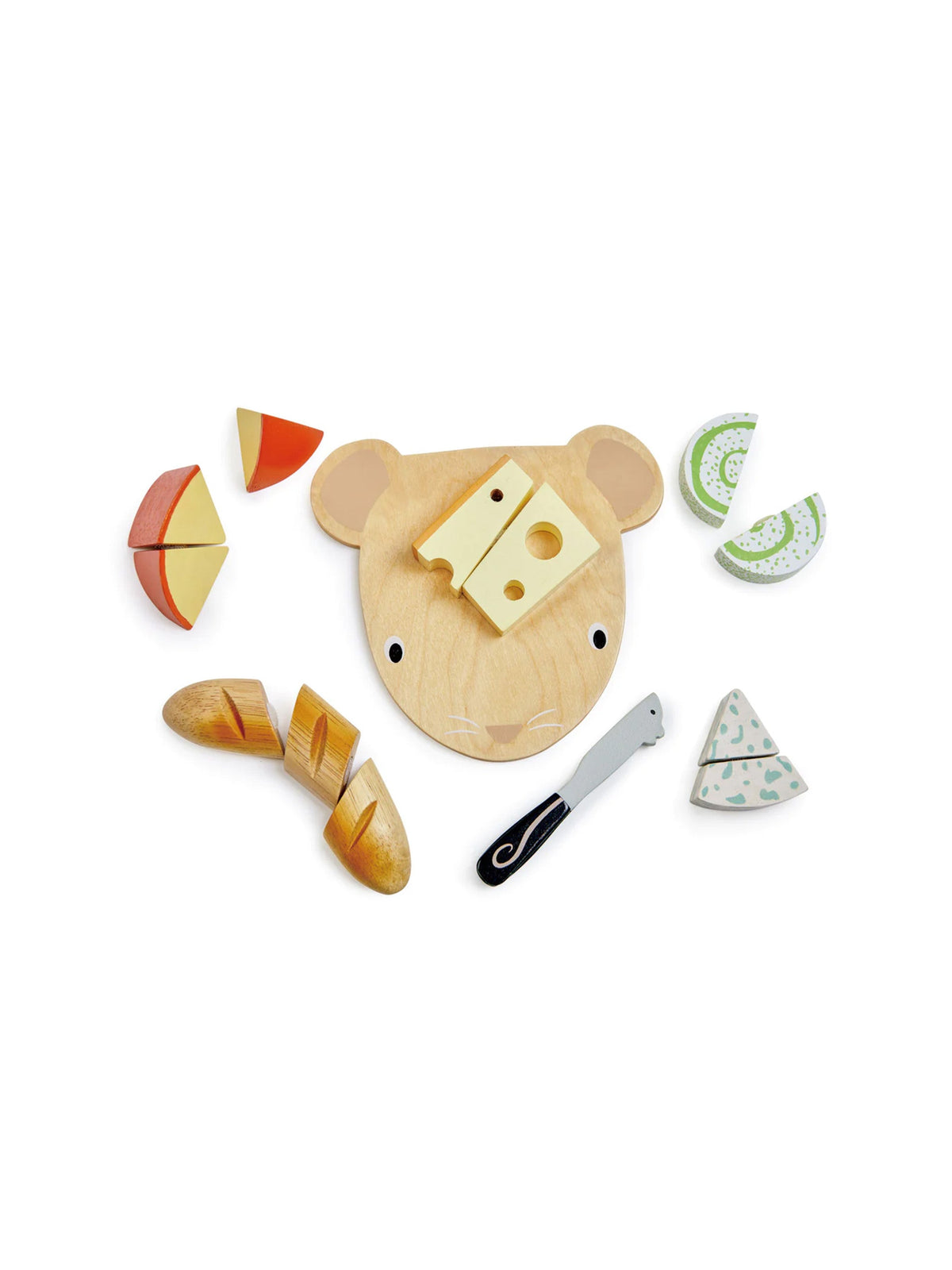 Wooden cow-shaped cheese chopping board with sliced pieces and toy knife