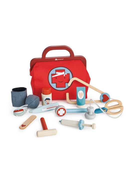 Tender Leaf Toys doctor's bag playset with red case and medical accessories, stethoscope and tools
