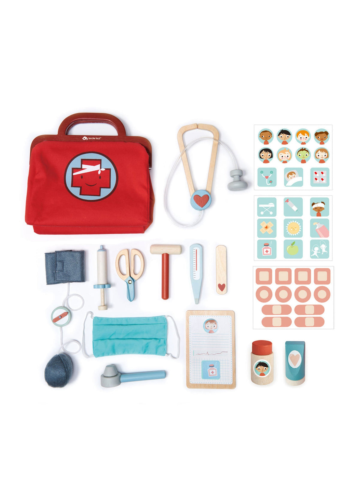 Tender Leaf Toys doctor's bag playset with red bag and medical kit: stethoscope, syringes, scissors, cards