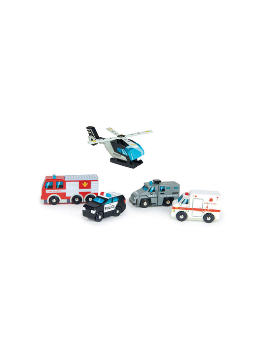 Emergency vehicle toy set: fire truck, police car, ambulance and helicopter