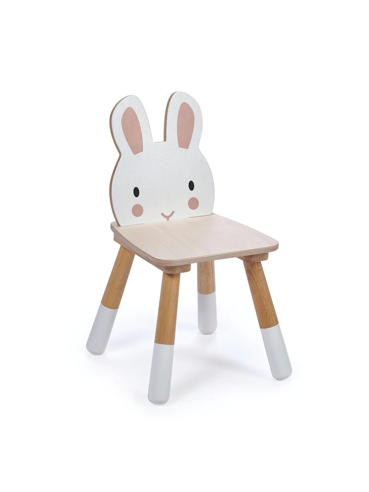 Kids rabbit chair with white seat, face front, wooden legs, and tall bunny ears backrest