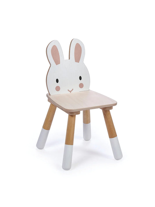 Kids rabbit chair with white seat, face front, wooden legs, and tall bunny ears backrest