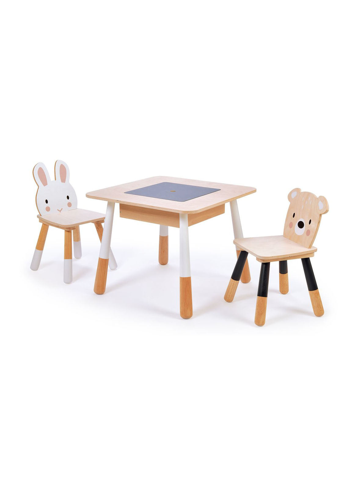 Wooden kids forest-themed table with two animal-head chairs