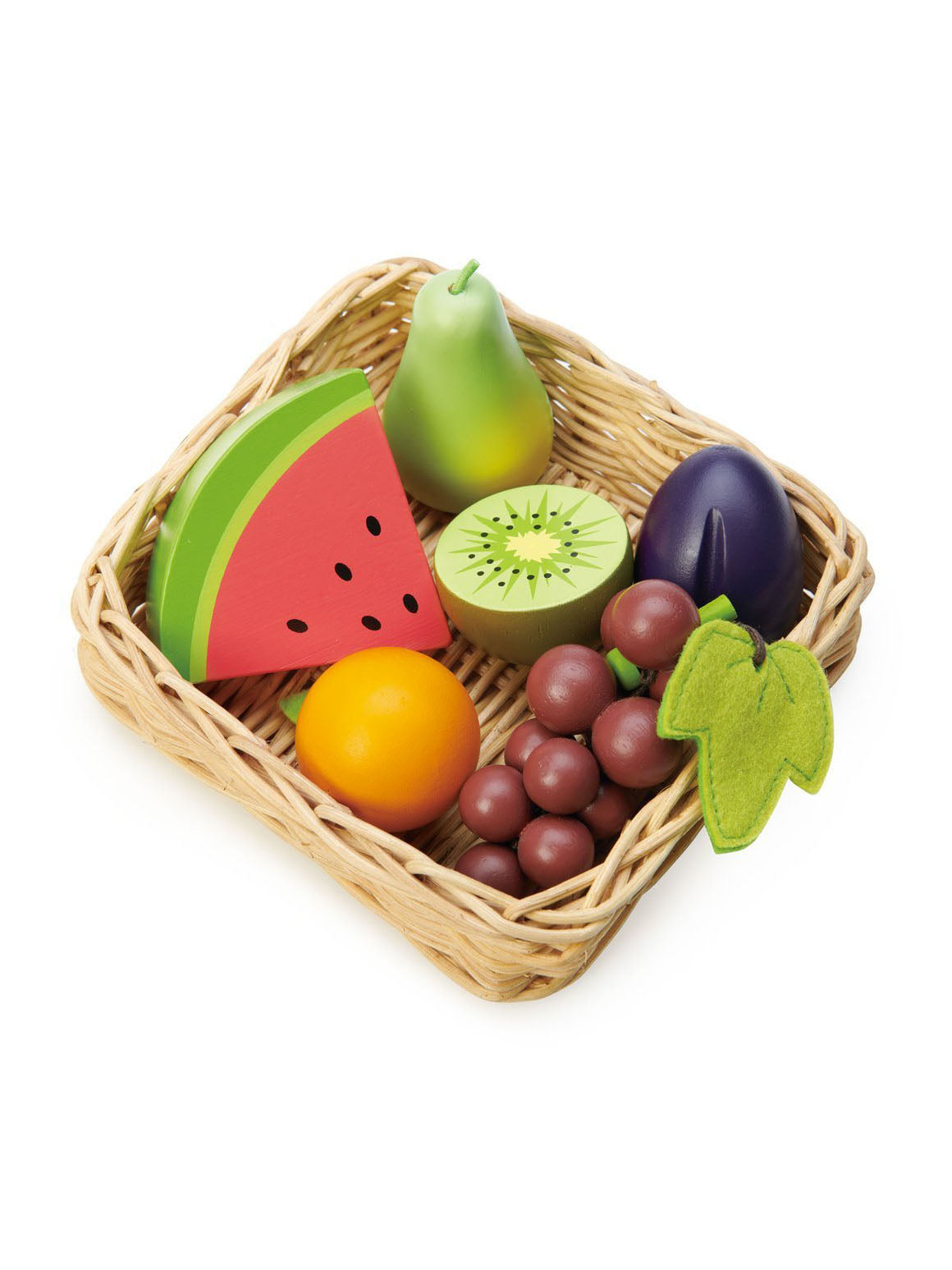 Tender Leaf Toys fruity basket with wicker tray and wooden fruit pieces