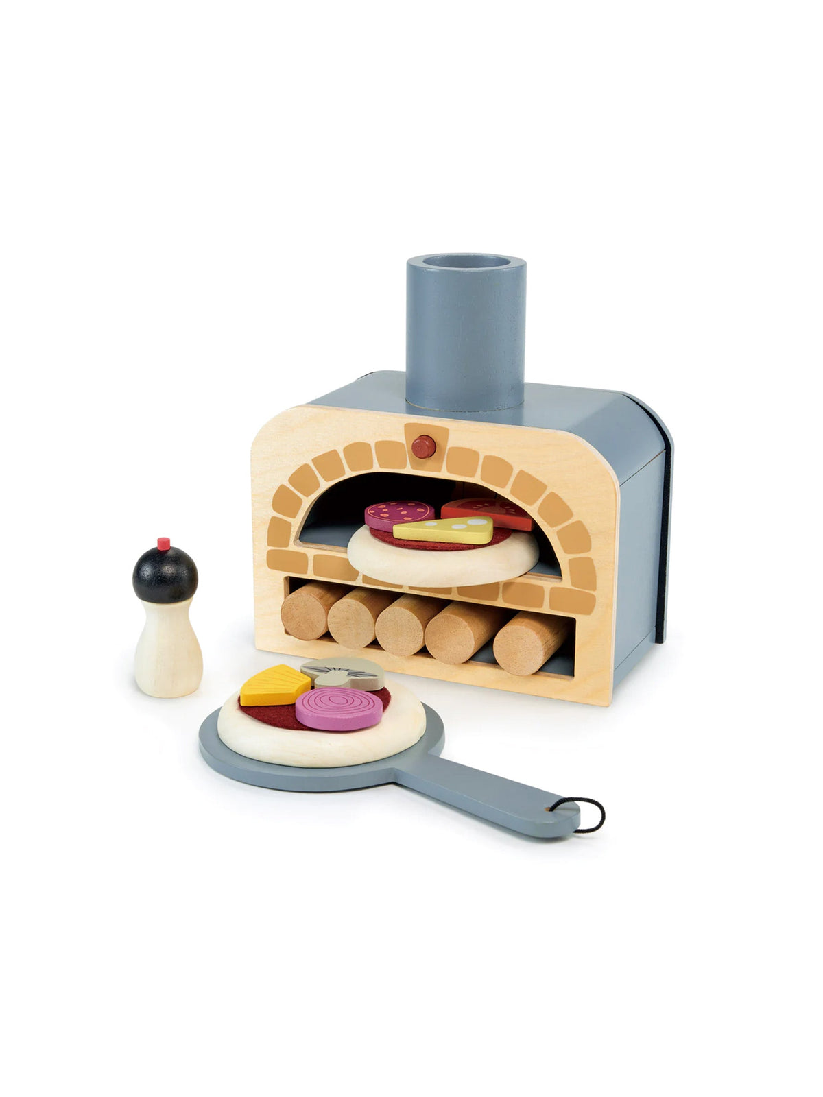 Toy pizza play set with wooden oven, pizza slice pieces, toppings, and serving peel.