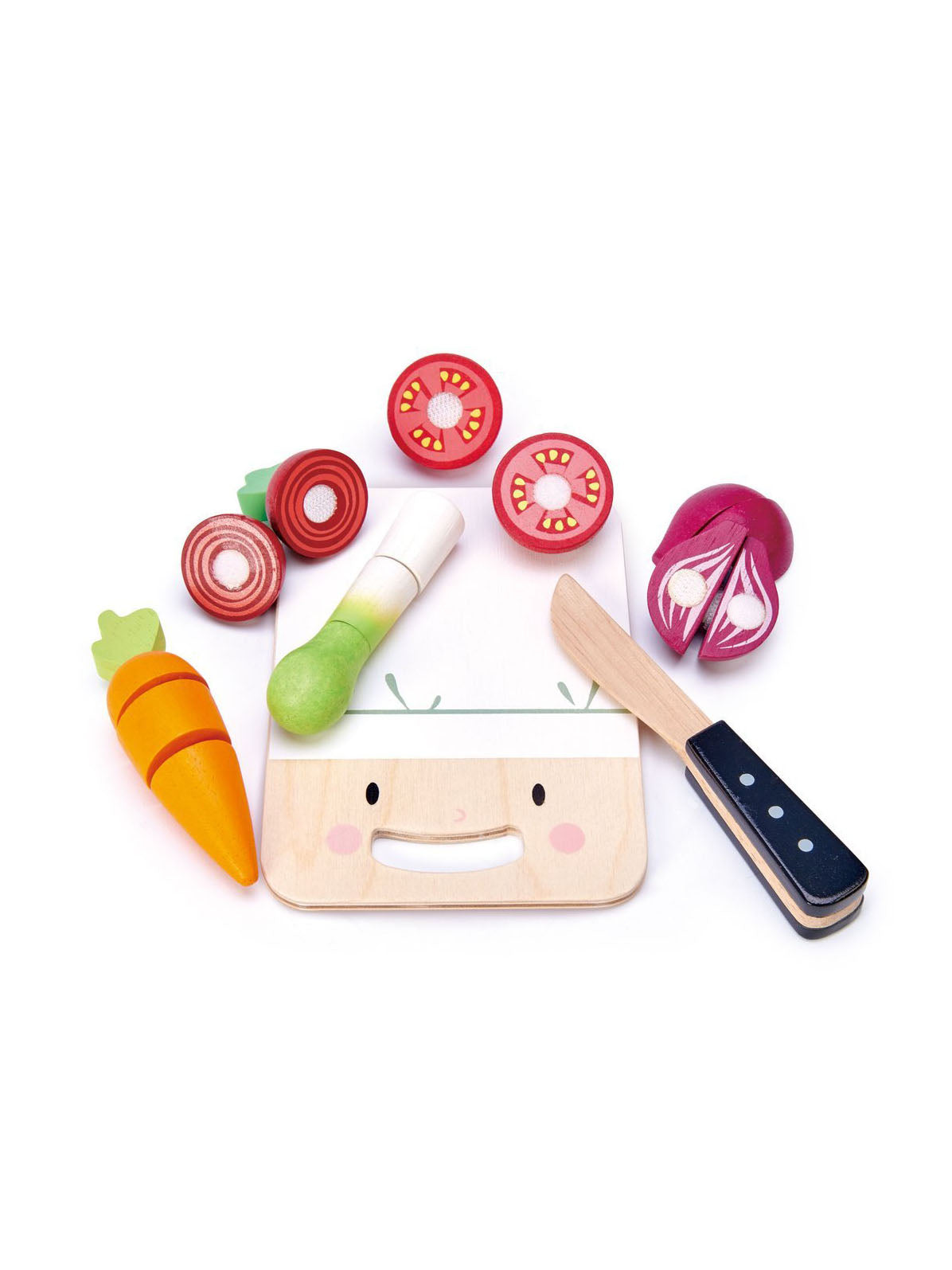 Wooden mini chef chopping board with smiling face, plastic knife and toy vegetables
