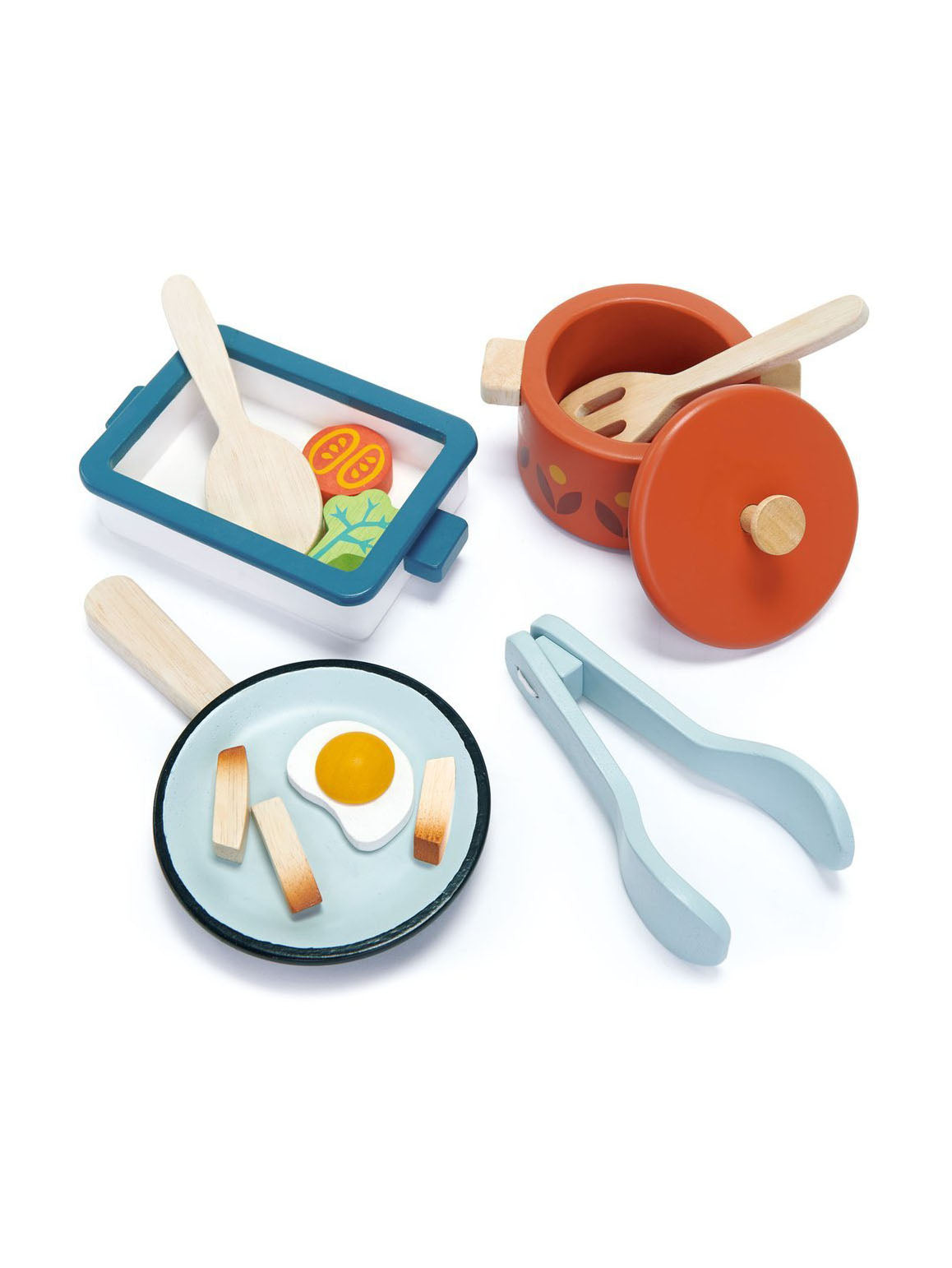 Toy pots and pans set with orange pot, lid, skillet with egg, and blue serving tray