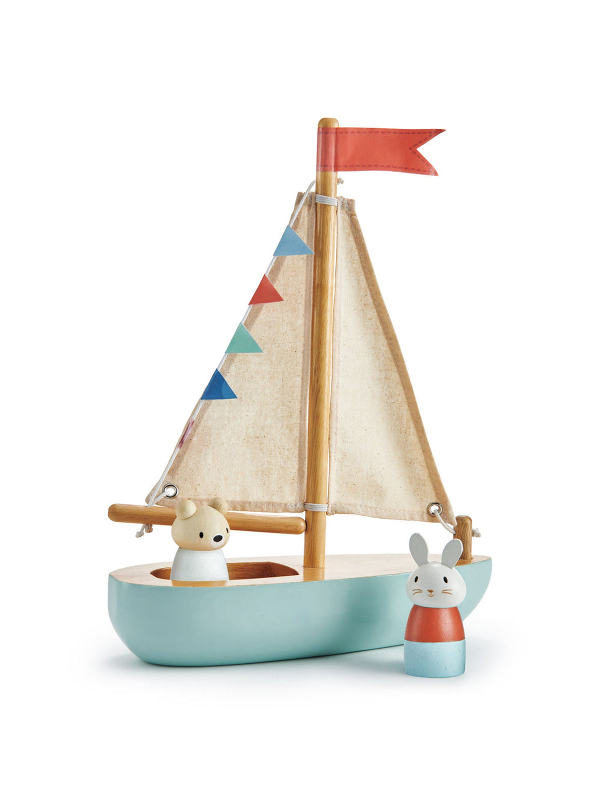 Wooden sailboat toy with fabric sail and two animal figures, beige canvas and blue hull