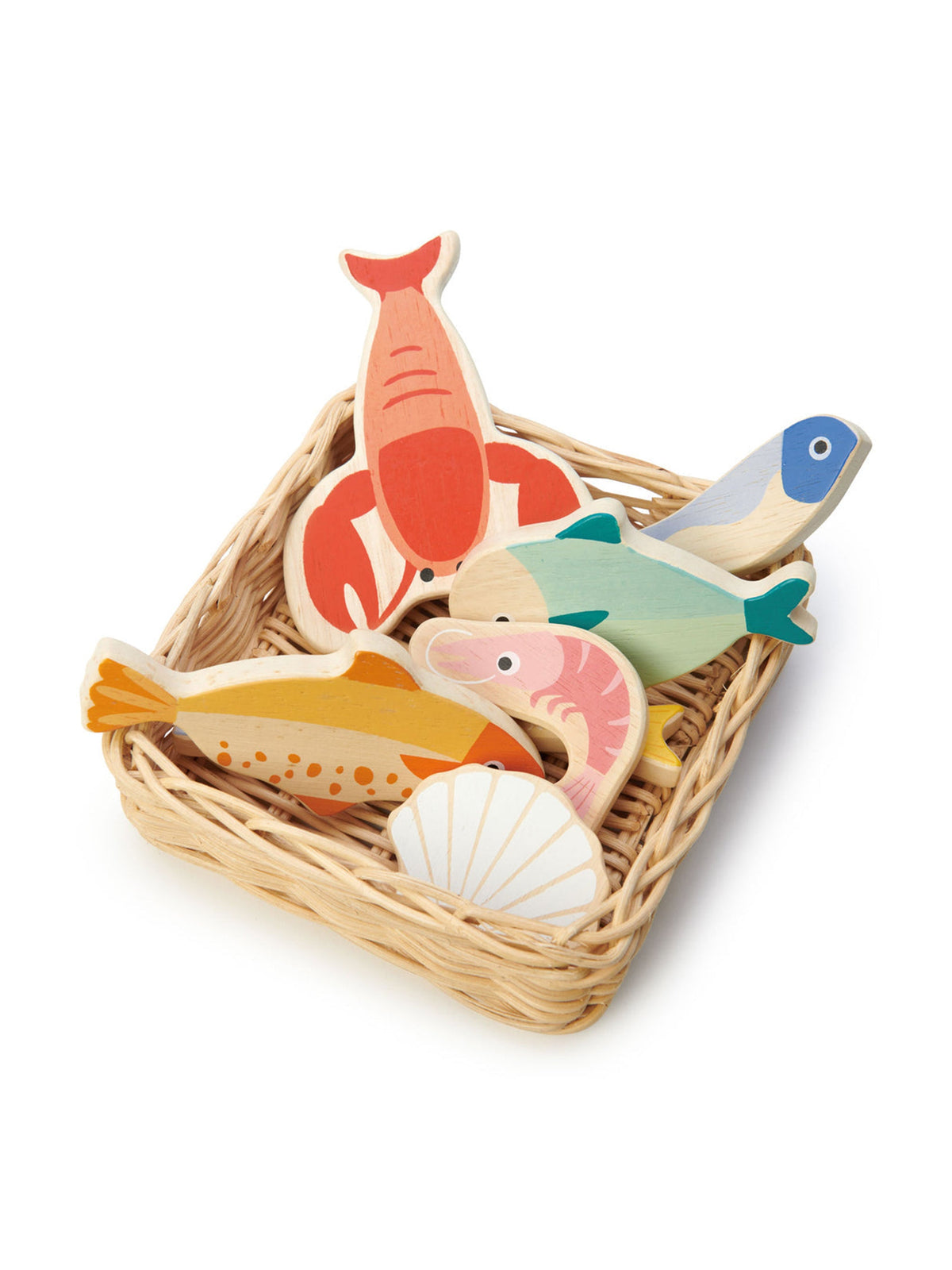 Tender Leaf Toys seafood basket with wooden fish, crab, lobster and shell pieces