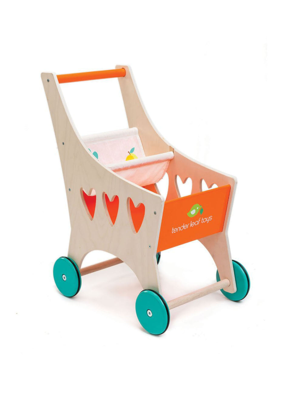 Tender Leaf Toys wooden shopping cart with red heart cutouts and teal wheels